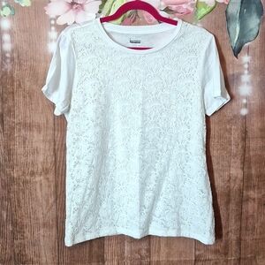 SHORT SLEEVE WHITE TOP WITH LACE TOPPING SIZE MEDIUM